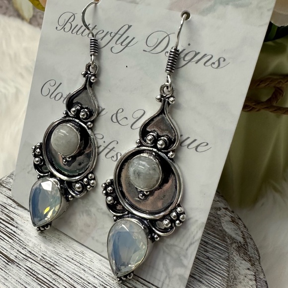 0123 Opalite Rainbow Moonstone Artisan Drop Earrings Silver Gemstone Jewelry - Picture 6 of 13